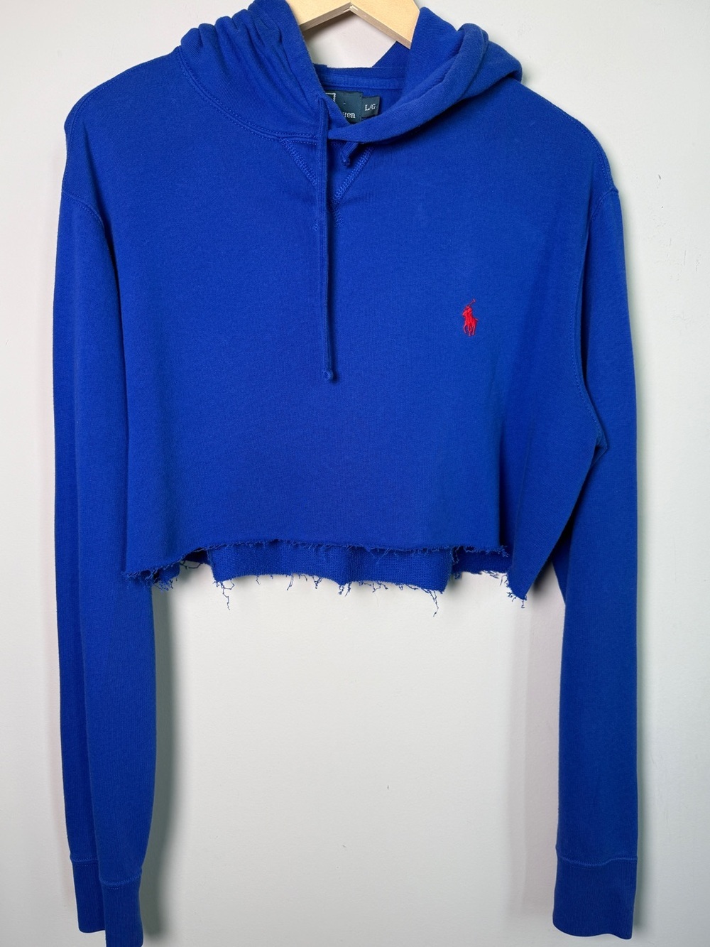 Polo Ralph Lauren Cropped Hoodie DIY Cut Raw Hem Pony Logo Royal Blue Sz L